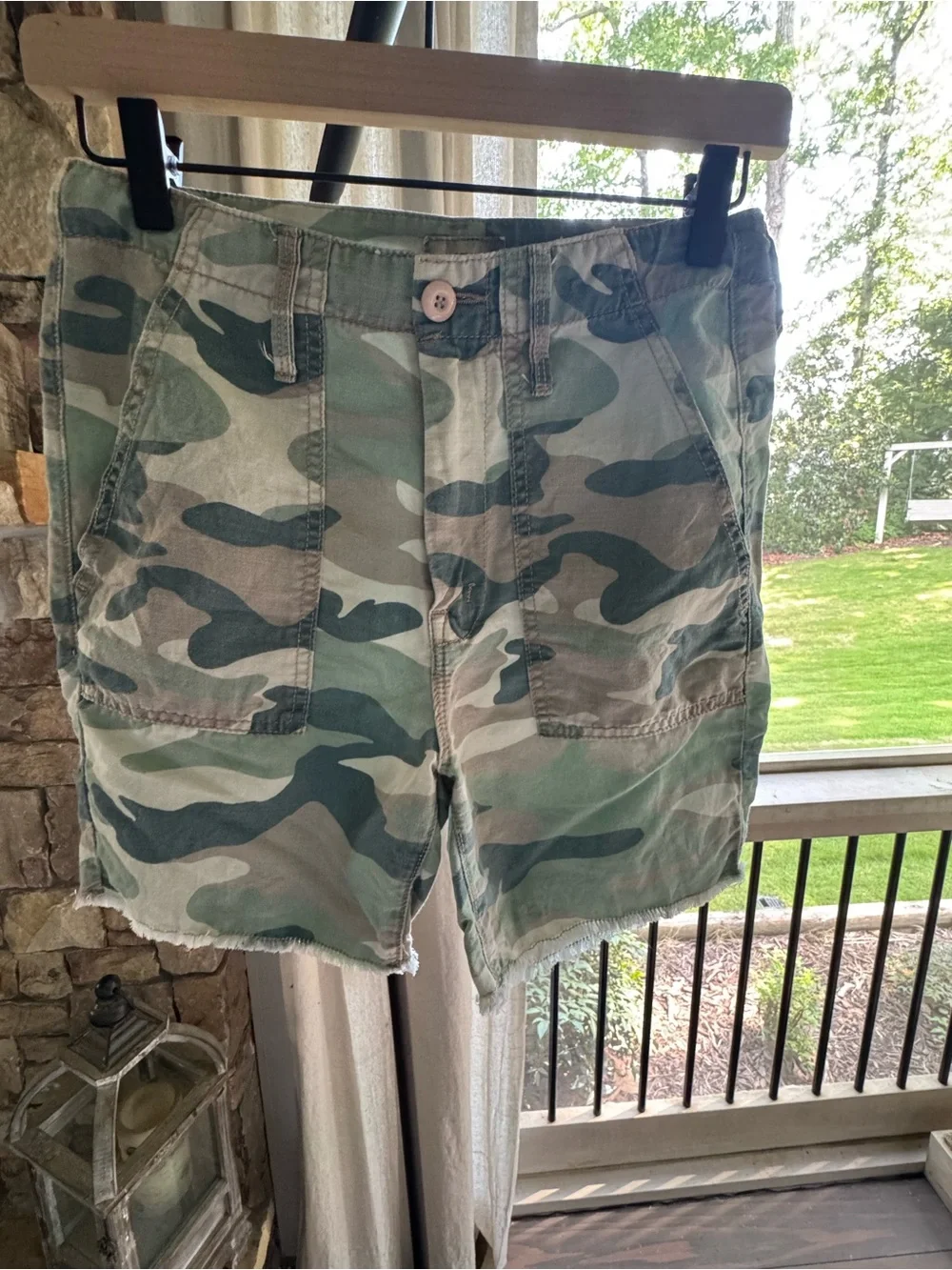 MOTHER Camouflaged High-Rise Frayed Hem Shorts in Green & Tan - Picture 14 of 16